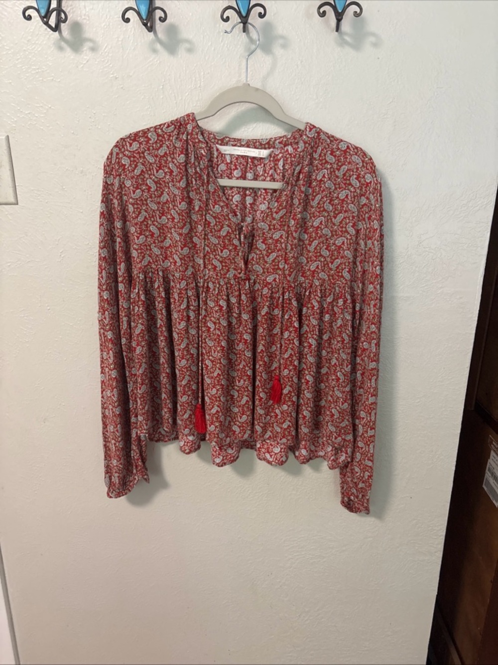 Zara Red Paisley Peasant Tunic with Tassel Ties